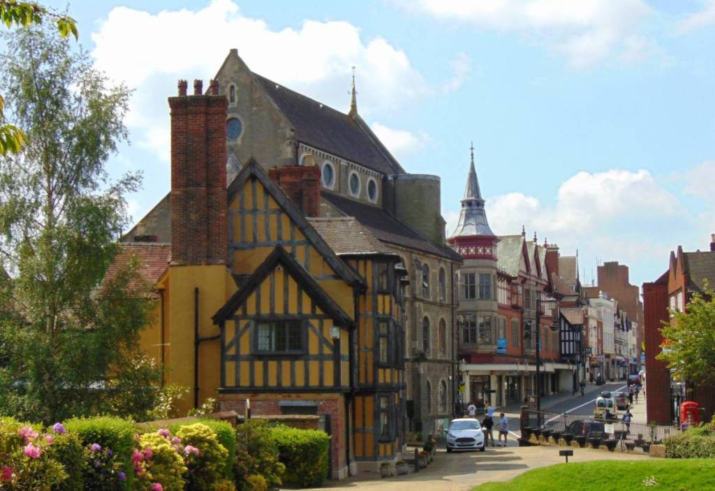 Shrewsbury, Shropshire, England, May 29 2016. The historic buildings on Castle Street
