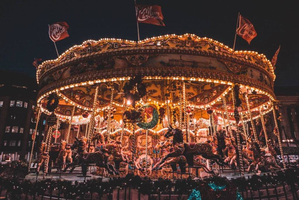 German market sparkling at christmas, birmingham new street, uk