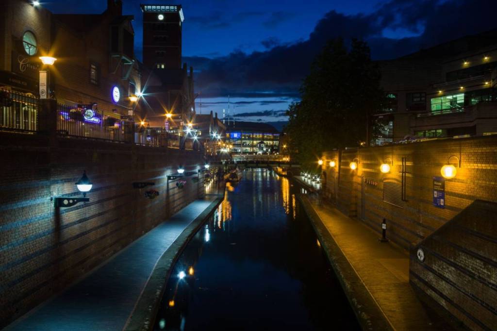 BIRMINGHAM, ENGLAND, UK 5th August 2017 - Birmingham city centre canals at night, Birmingham waterways, canal-side bars and pubs