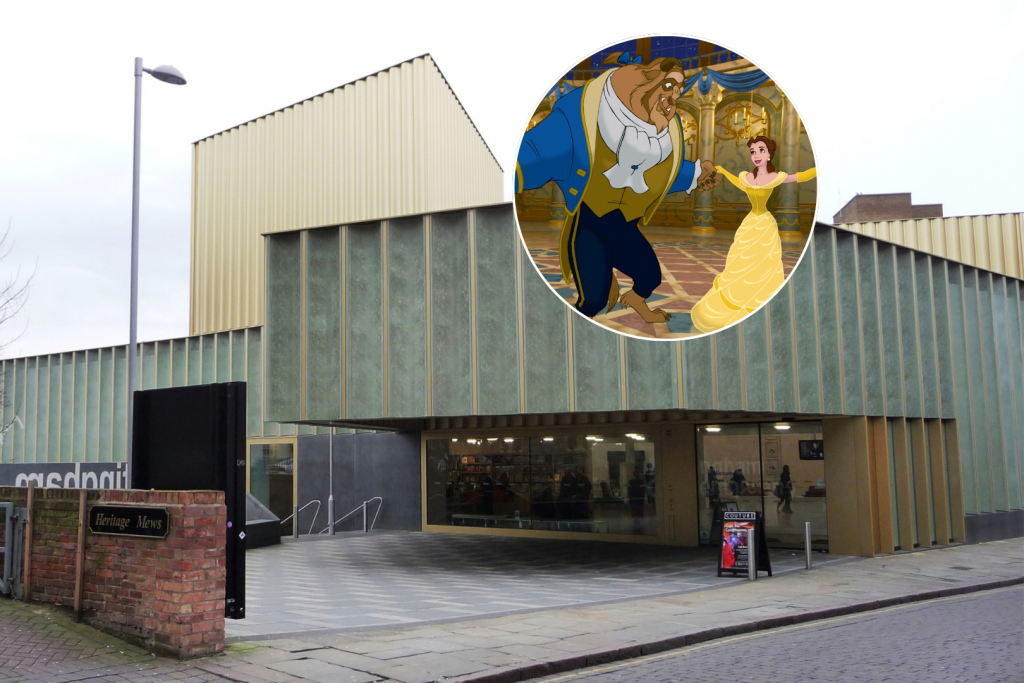 Highlighted: a scene from Disney's Beauty and the Beast and in the background, the facade of Nottingham Contemporary