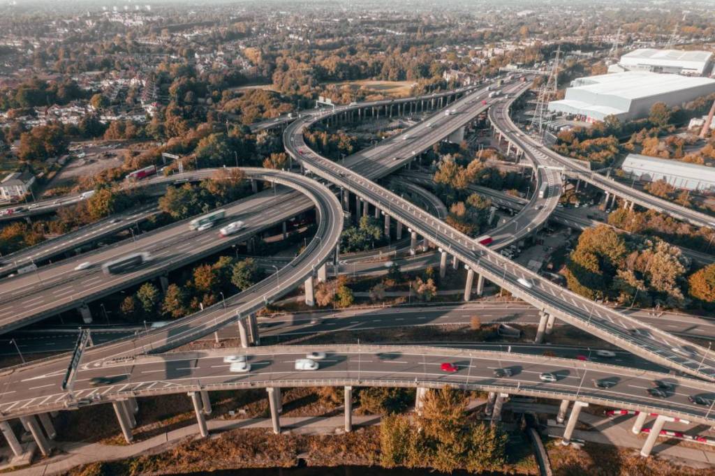 Vehicles Driving on a Spaghetti Interchange at Sunset