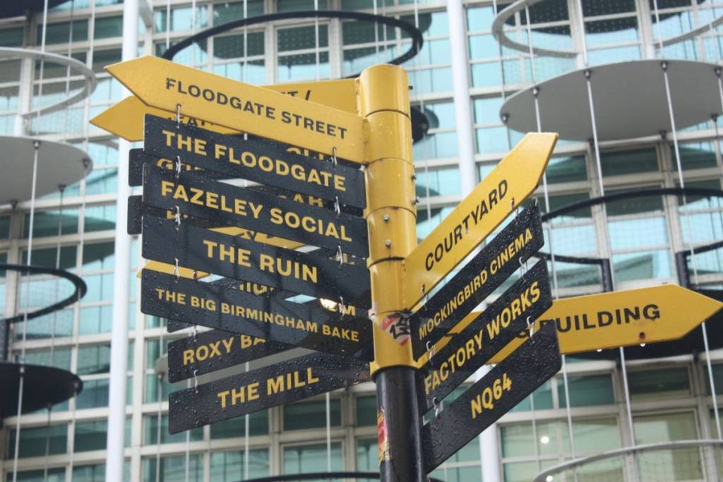 Birmingham, UK - 21st October 2023: Signposts at the Custard Factory complex in the Digbeth area