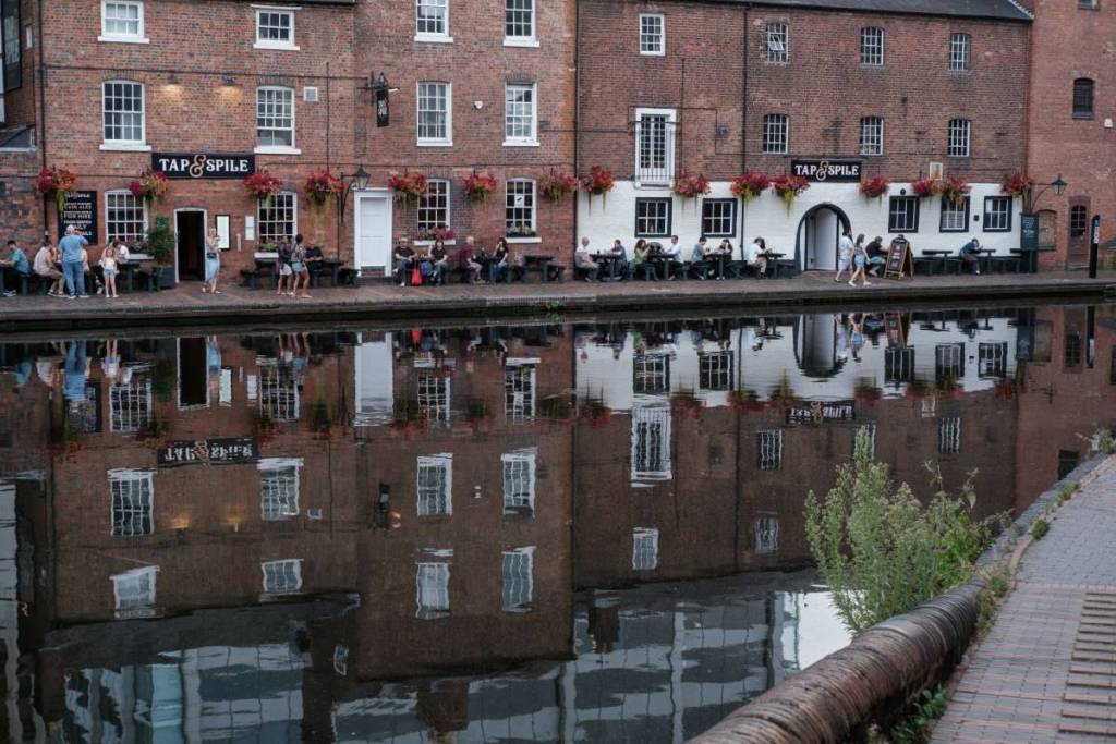 View of Birmingham's Gas Street Basin, a 1773 canal network that was built for industrial use, in Birmingham, August 7, 2024, United Kingdom