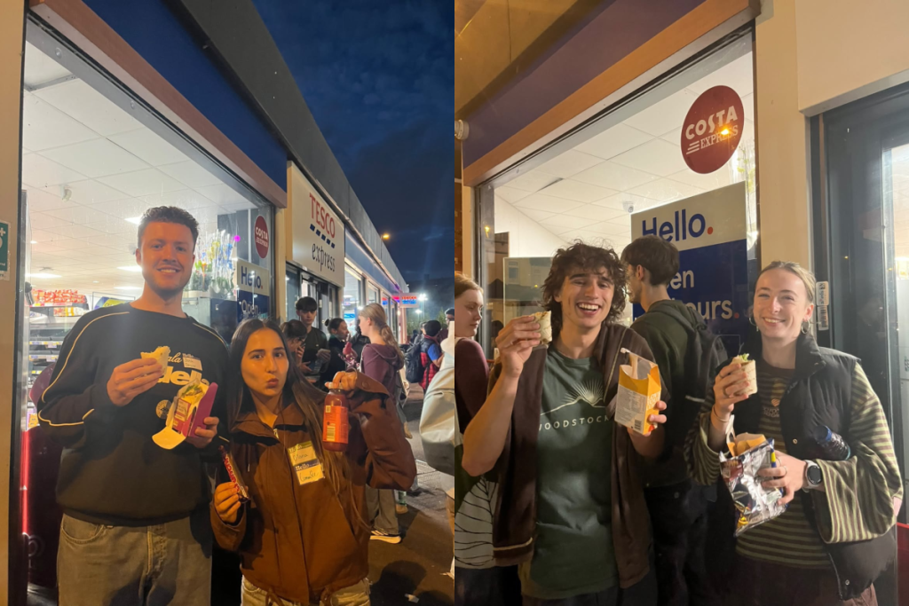 Students from the Meal Deal Society at University of Birmingham outside a Tesco Express
