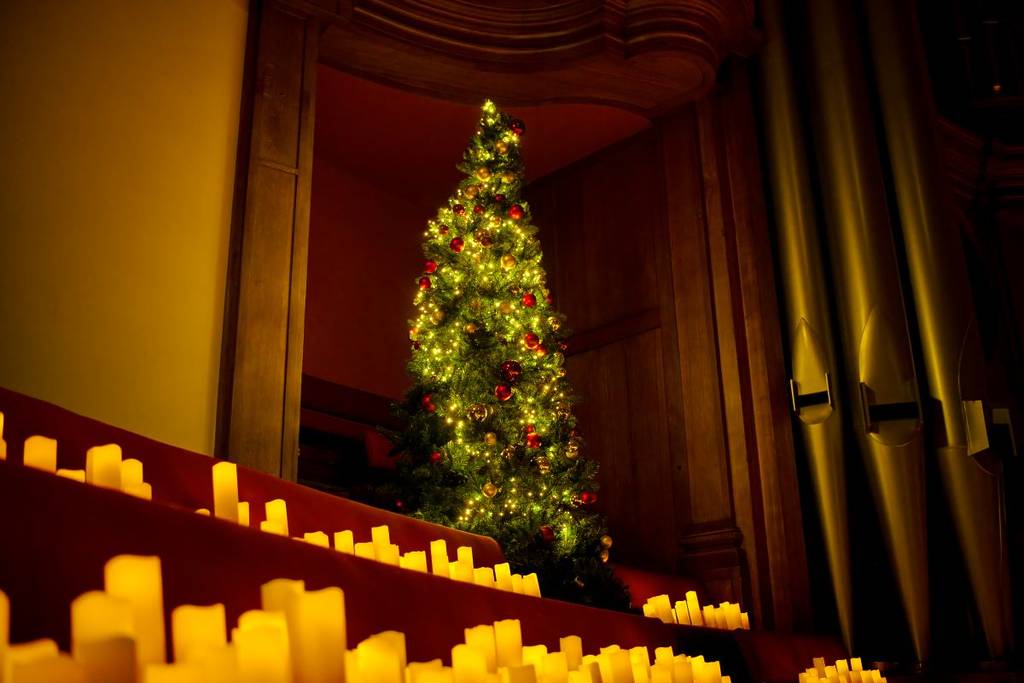 A Christmas tree stands amongst thousands of candles at a Candlelight Christmas concert.
