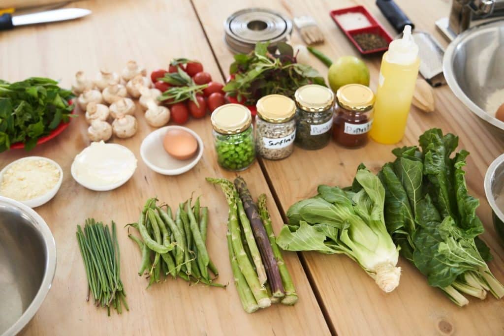 Ingredients laid out for a cookery class.