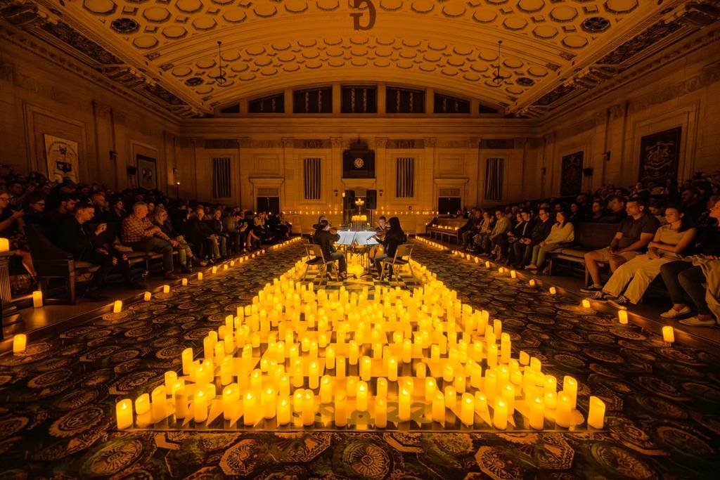 A river of candles surrounding a string quartet at the Masonic Memorial Centre.