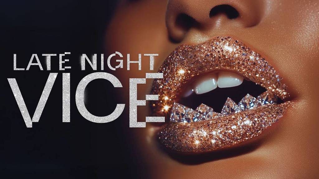 A promotional poster for Late Night Vice showing a close up of a woman's mouth with gold, glittery lipstick and jewels in her mouth.
