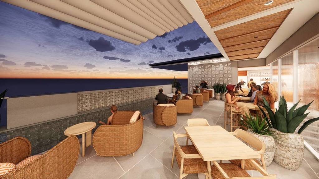 above rooftop pool and bar ovolo render