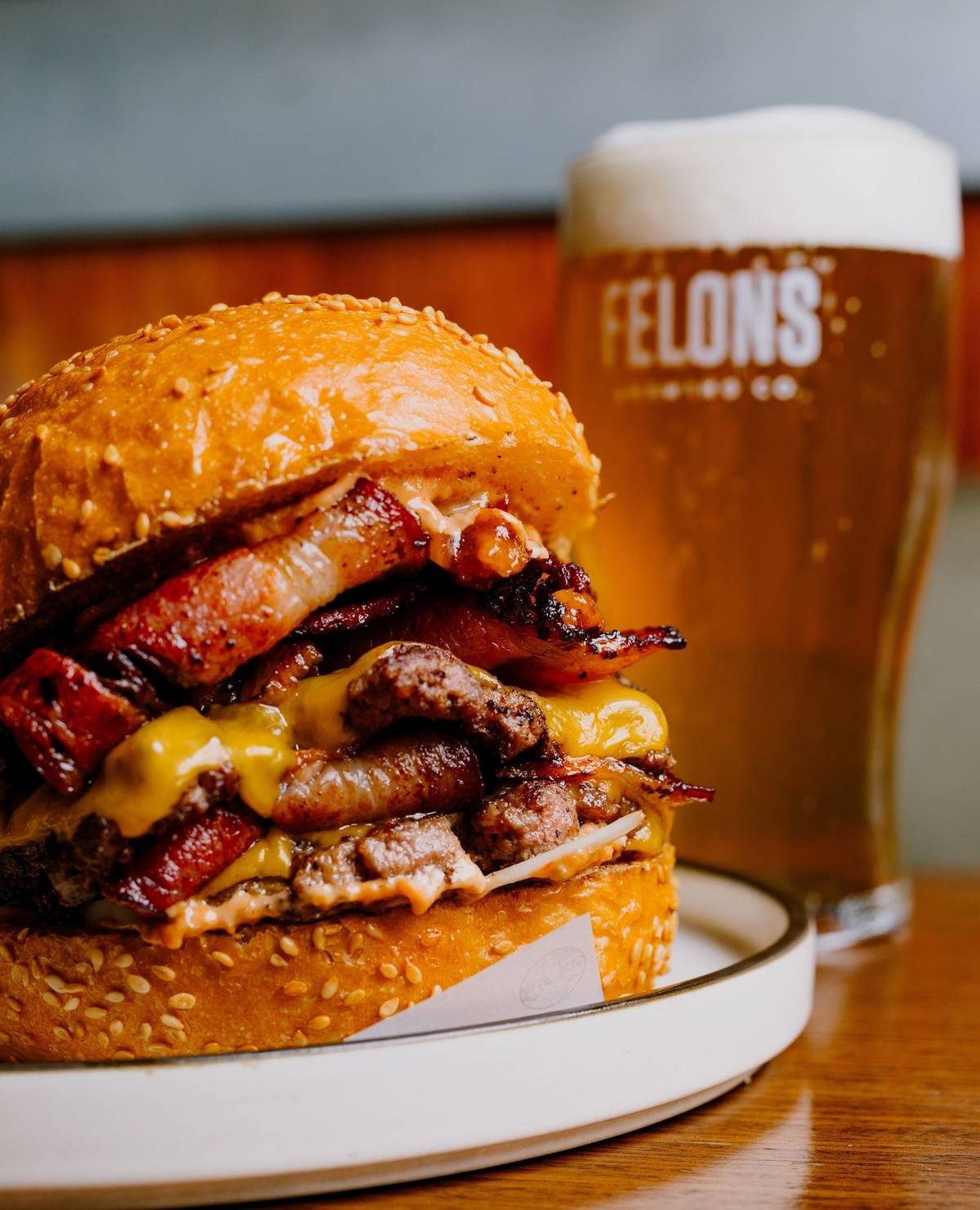 Felons Brewing Co. burger beer