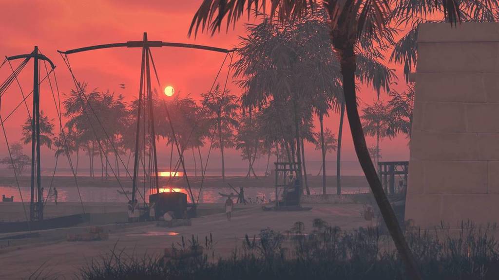 A landscape shot from the Horizon of Khufu experience of people working along the Nile river at sunset.