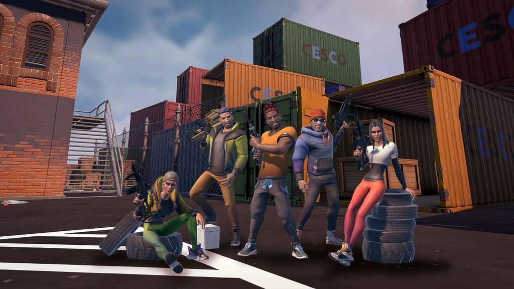 A shot of VR avatars posing with their guns in a virtual shipyard.