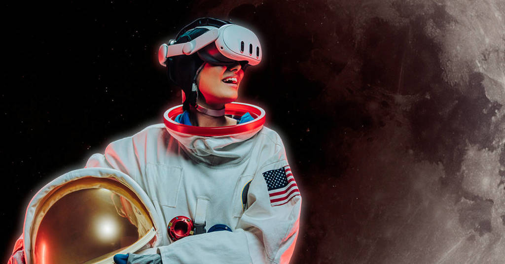 A woman in a spacesuit wearing a VR headset stands against the backdrop of the moon at Luna: A Journey to the Moon.