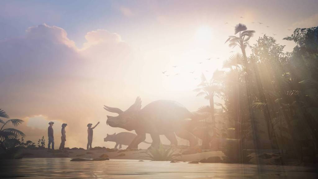 Three travellers wearing VR headsets reach out to touch a huge dinosaur at Life Chronicles.