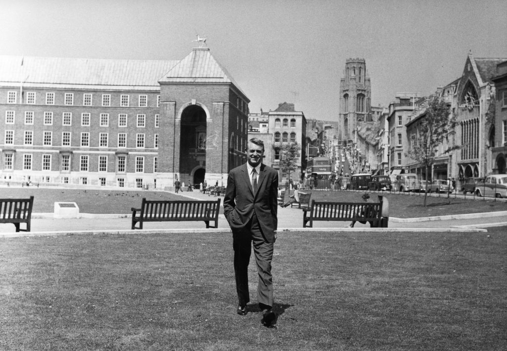 Cary Grant pictured on a visit home in front of Bristol City Hall in the 1950s