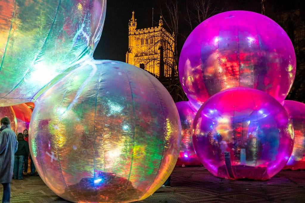 Bristol, UK - February 11, 2024: Laser light festival at College Green near Bristol Cathedral