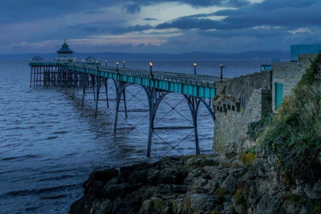 Cleveland pier at twilight and the sky turns a deep blue colour. 