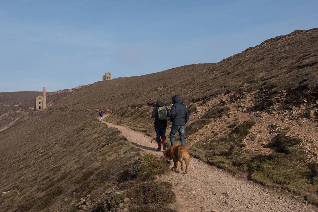 Group of People with their Dog Walking Towards the Engine House and Chimney of the Former Tin Mine of Wheal Coates at Towanroath near St Agnes on the South West Coast Path in Cornwall, England, UK