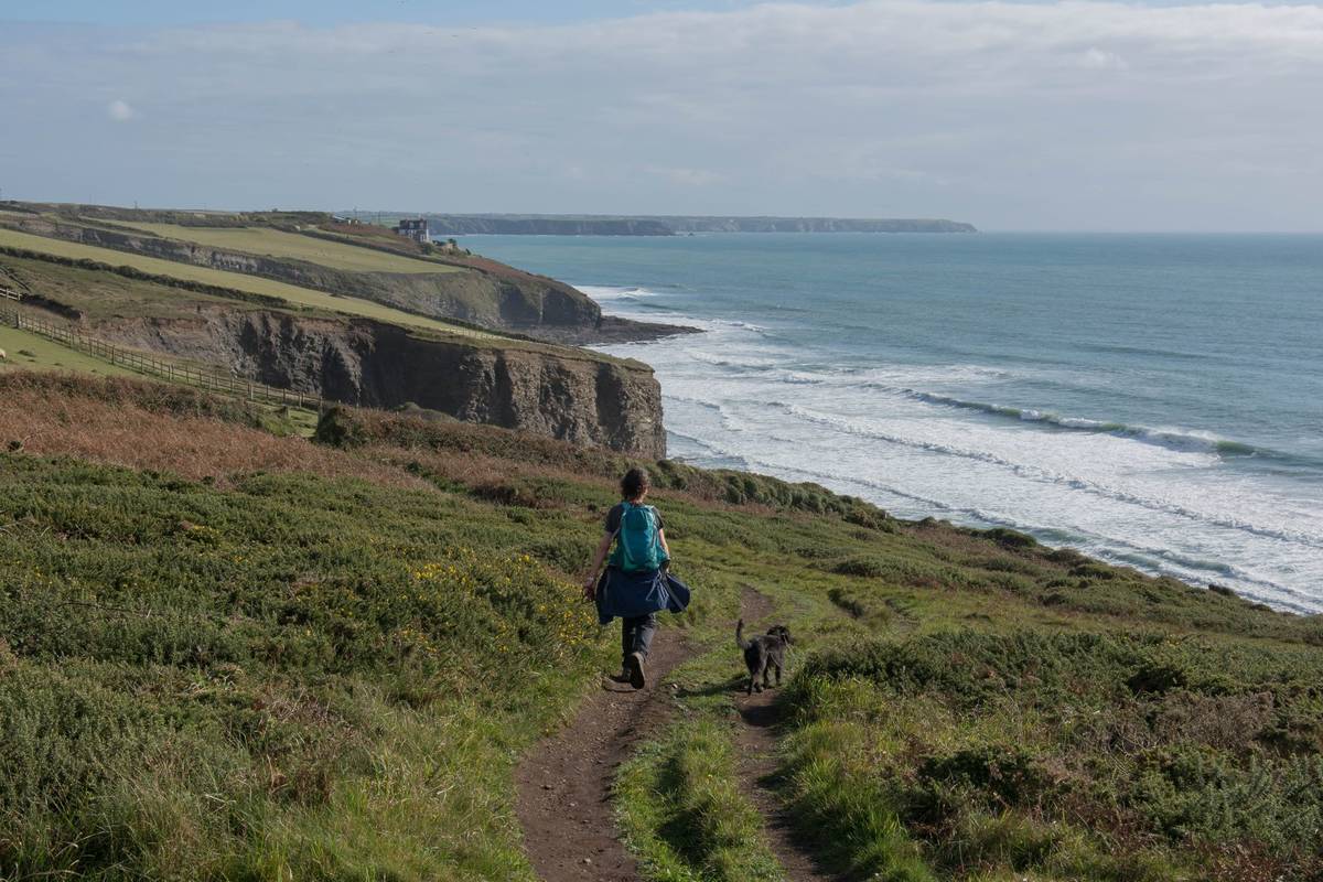 Female Walker and a Black Schnoodle Dog on the South West Coast Path with Porthleven and the Lizard Peninsula in the Background by the Atlantic Ocean in Rural Cornwall