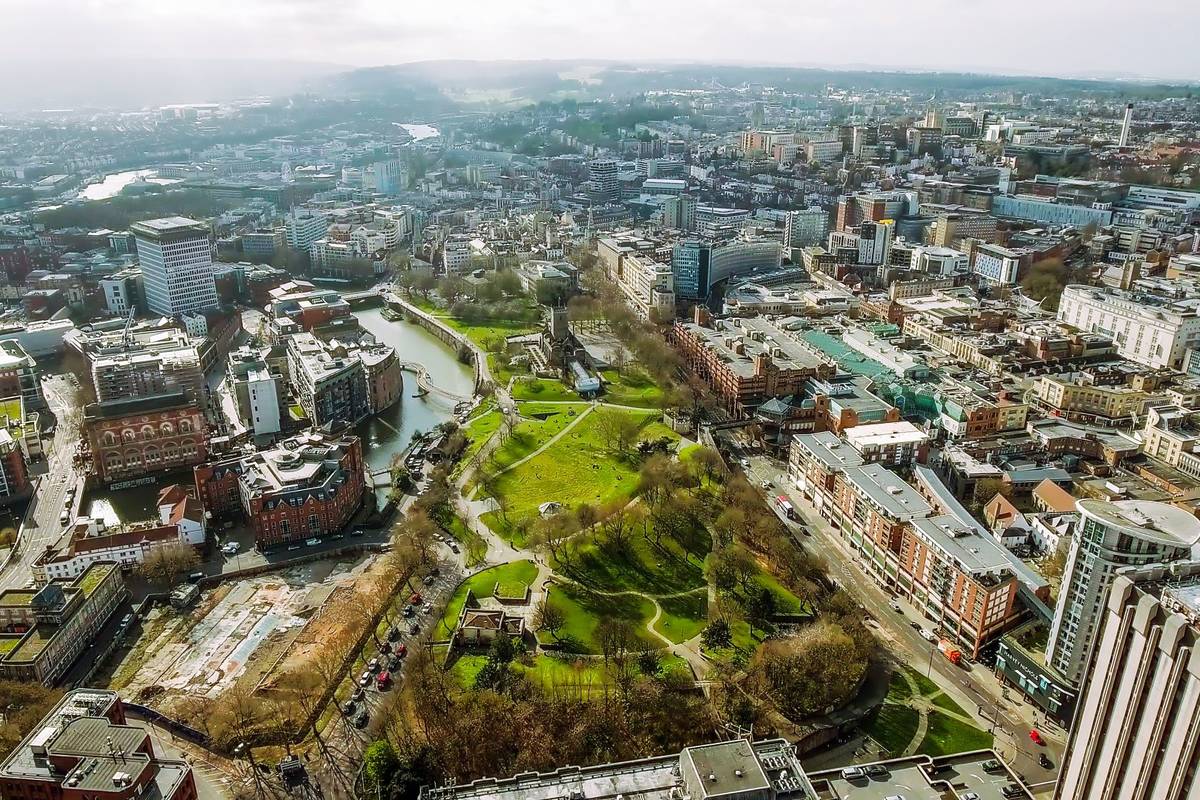 Bristol City Center Aerial View in England UK