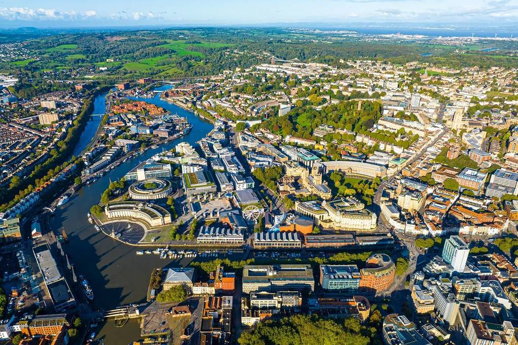 Aerial view of central Bristol in sunny morning, England