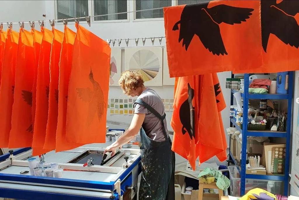 Totterdown Arts Trail's Ducksy orange flags being made