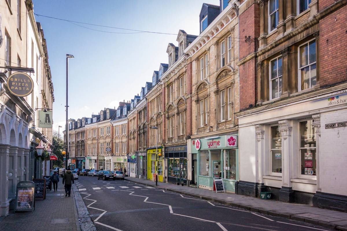 Georgian terraced shops in Clifton Village, Bristol, U