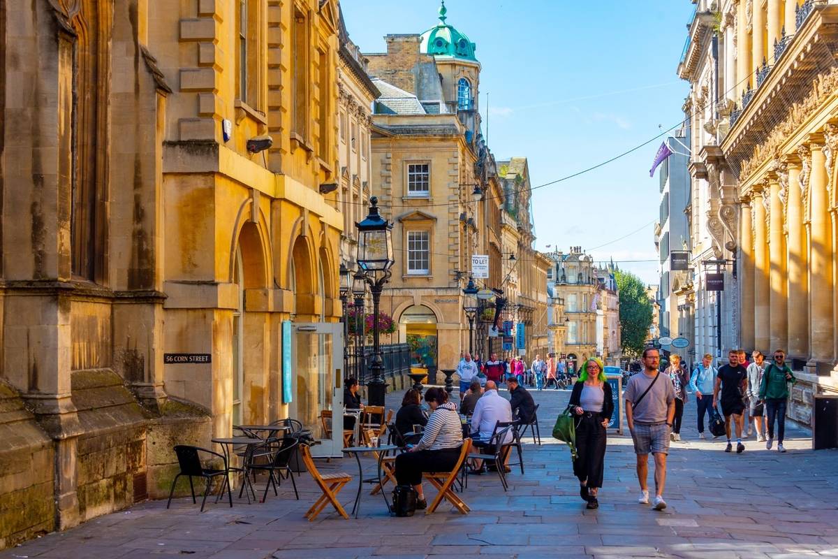 Bristol, England, September 18, 2022: Summer day on a street in English town Bristol.