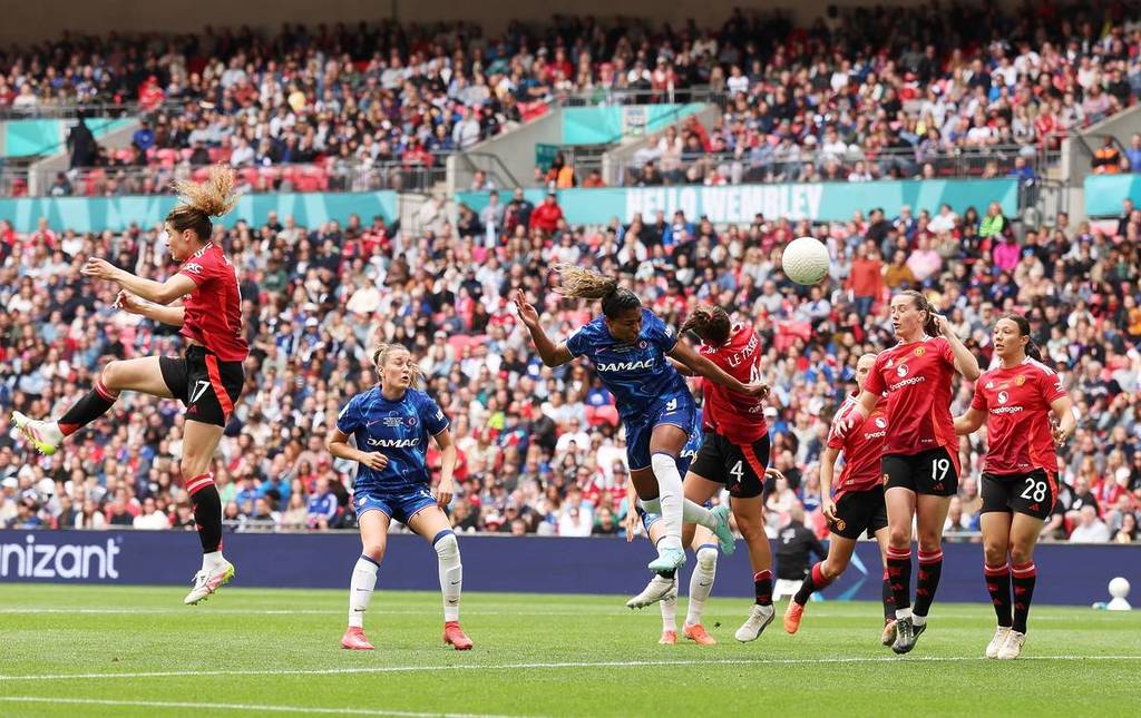 LONDON, ENGLAND - MAY 18: Catarina Macario of Chelsea scores her team's second goal during The Adobe Women's FA Cup Final match between Chelsea and Manchester United at Wembley Stadium on May 18, 2025 in London, England. (Photo by Richard Pelham/Getty Images)