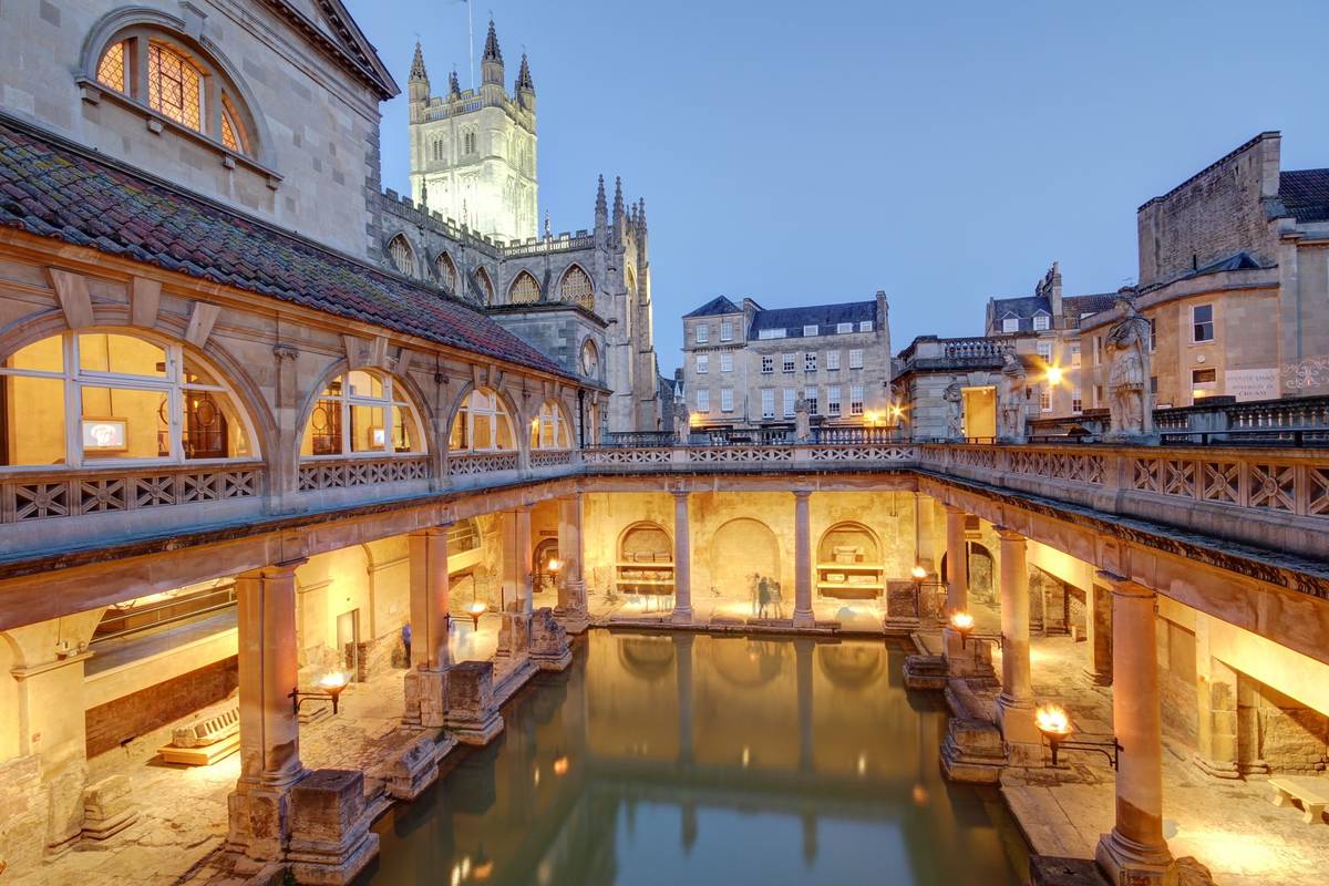 Old roman baths at bath, england, built on the site of the godess aquae suilis