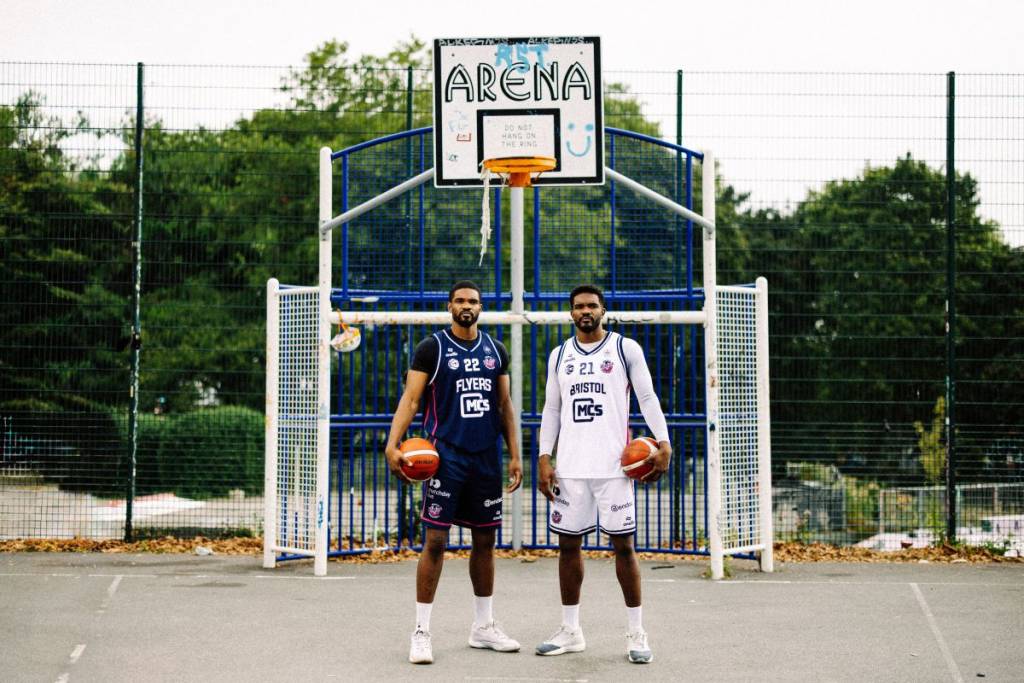 Bristol Flyers basketball players in basketball court outdoors