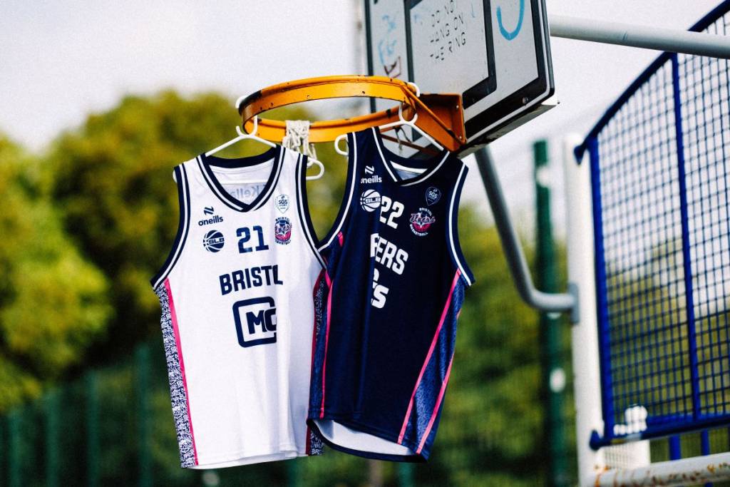Bristol Flyers shirts hanging on the basketball hoop