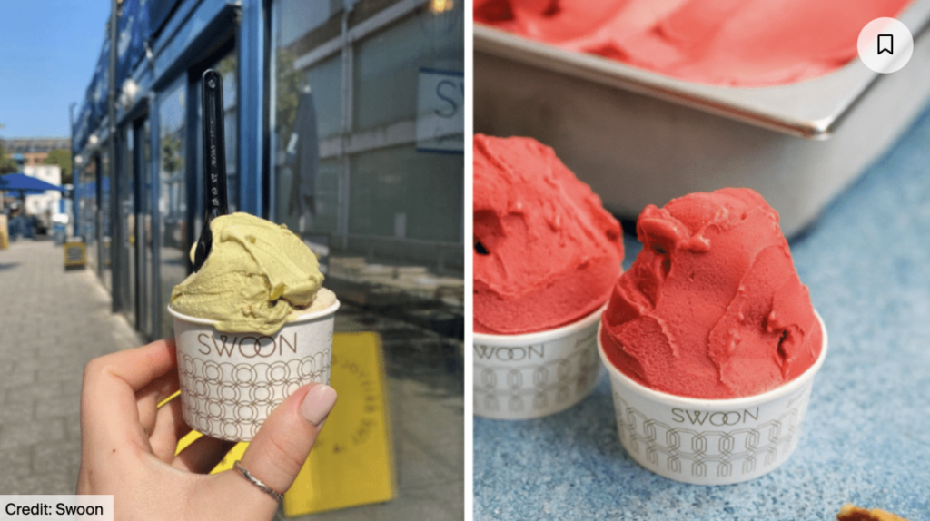 split screen image with hand holding pistachio gelato on the left and close up of two cups of berry gelato on the right