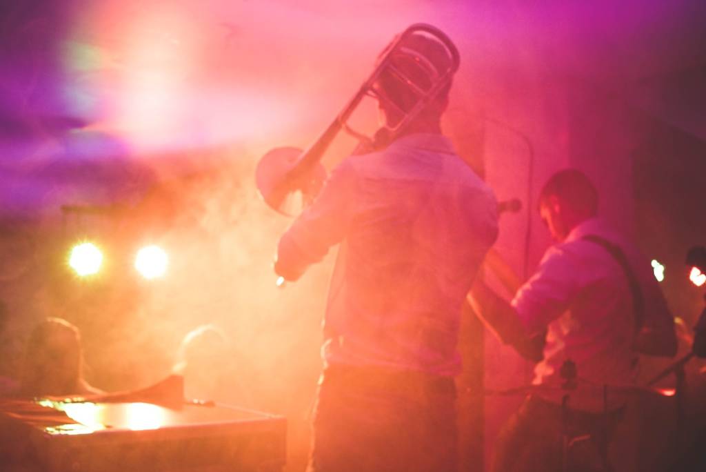 two jazz musicians viewed from behind onstage 