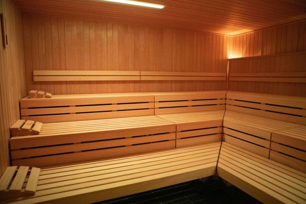 a sauna with tiered benches