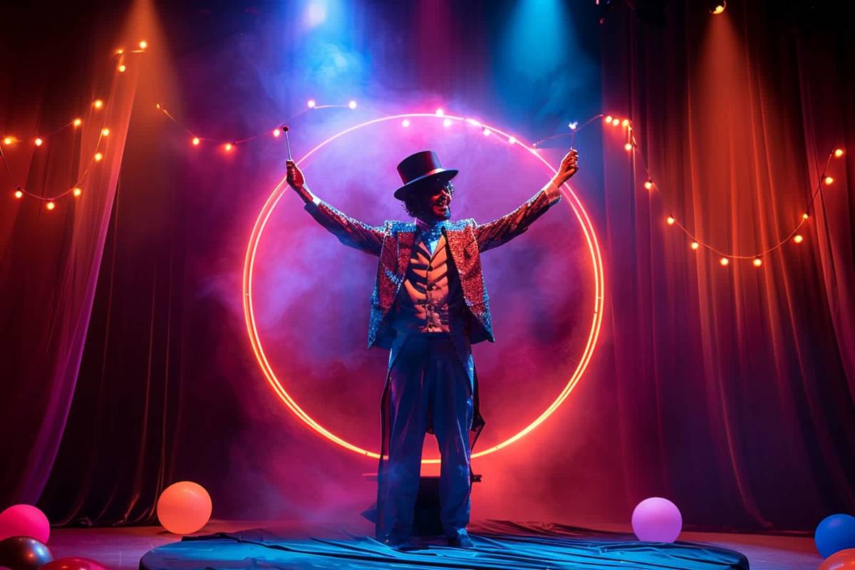 man stands infront of neon portal dressed as a magician