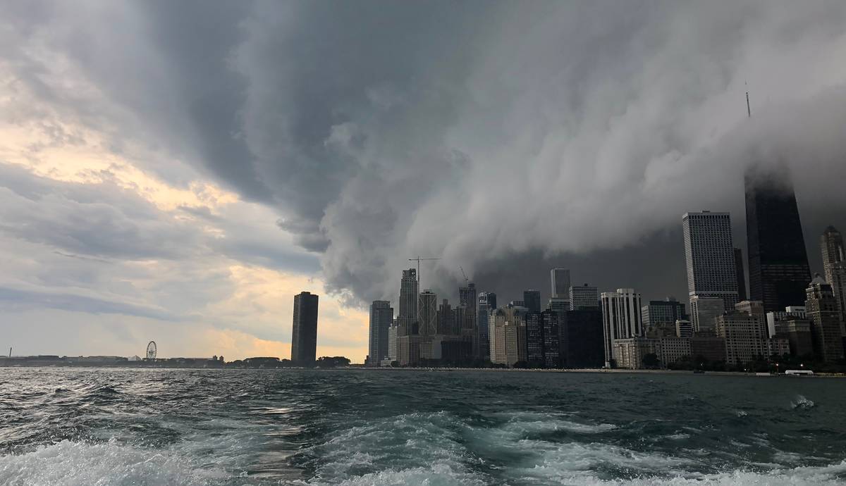 The Chicago skyline covered by clouds and a dramatic winter storm in February.