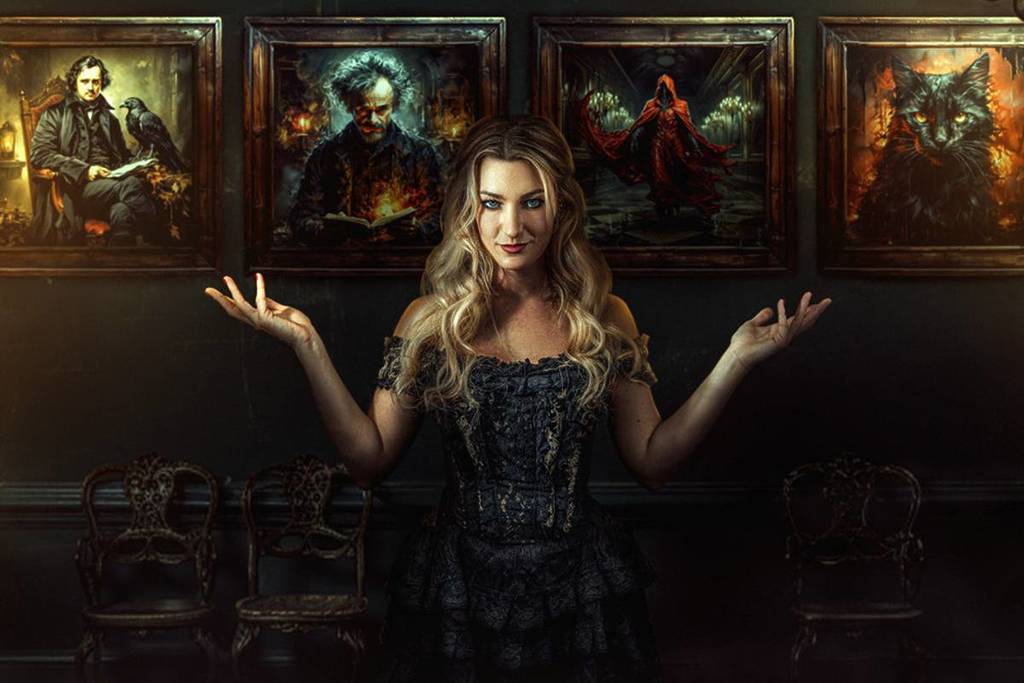 woman dressed in black with eerie portraits behind her