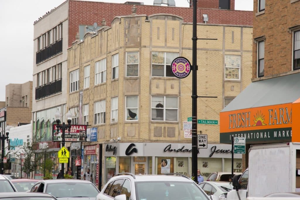 The shops and restaurants in Little India, Chicago.