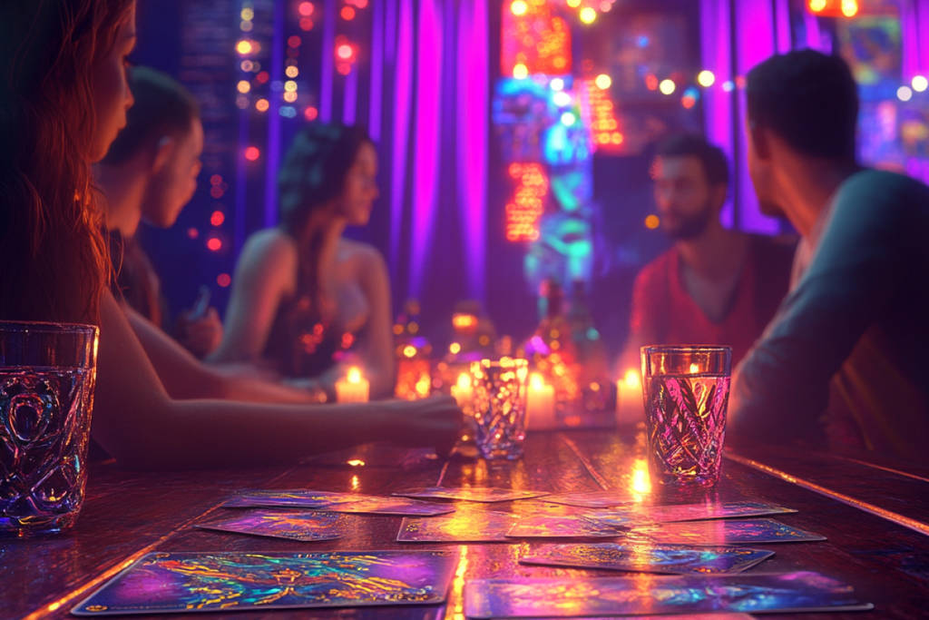 Five people sitting around a table in an atmospheric setting.