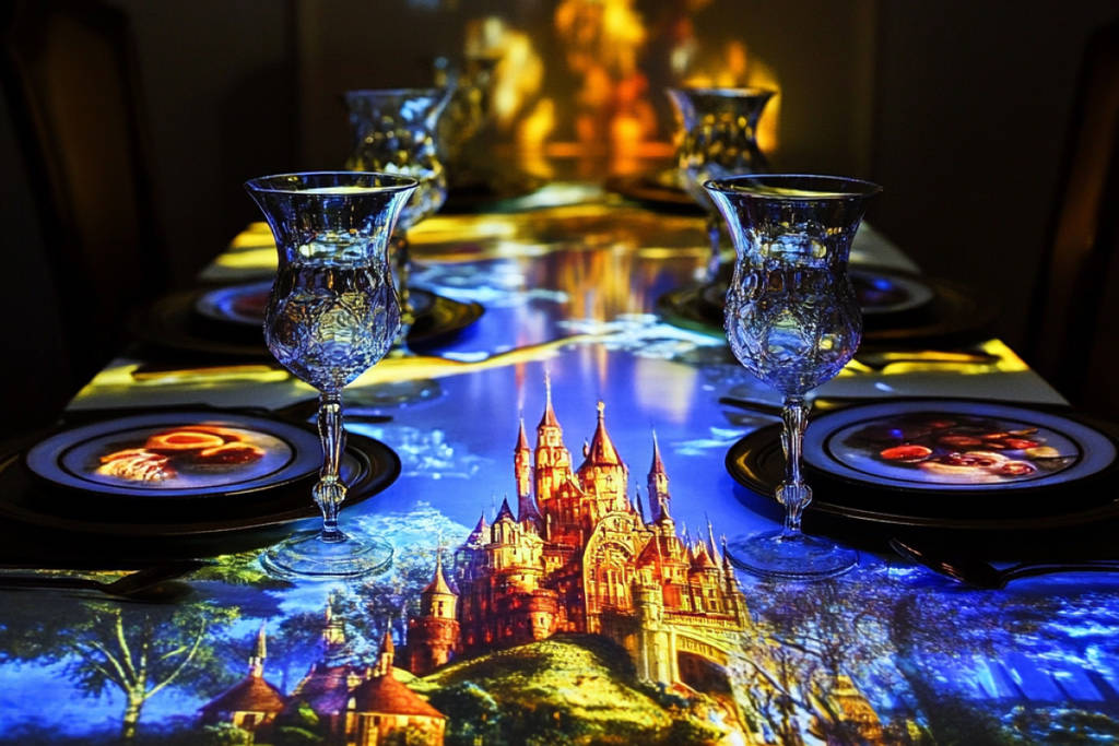 A table with plates and glasses plus a projection of the Oz kingdom