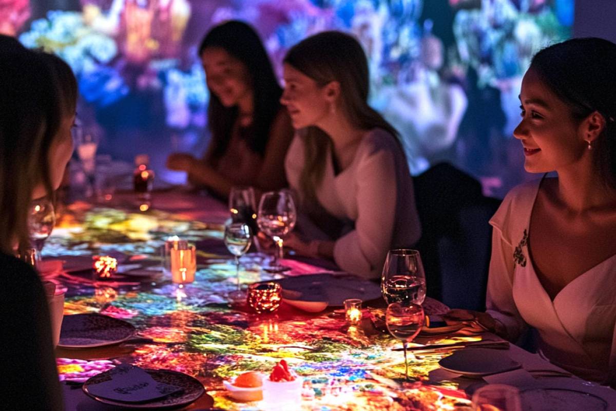 A group of people smiling around their table at Sensory Feast