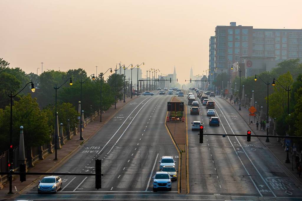 Chicago, IL USA June 28 2023: a dense smog which is causing poor air quality in the city. the dangerous unhealthy smoke is from the Canadian wild fires. it is recommended people stay indoors