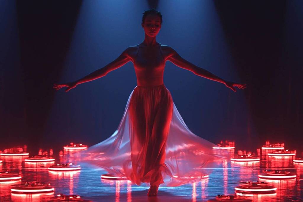 A dancer stands in a ring of lights at The Drone Saga.