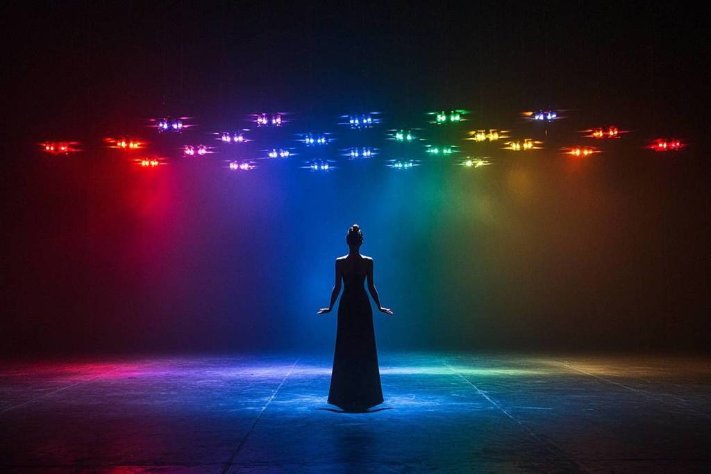 A dancer stands under colorful lights at The Drone Saga.