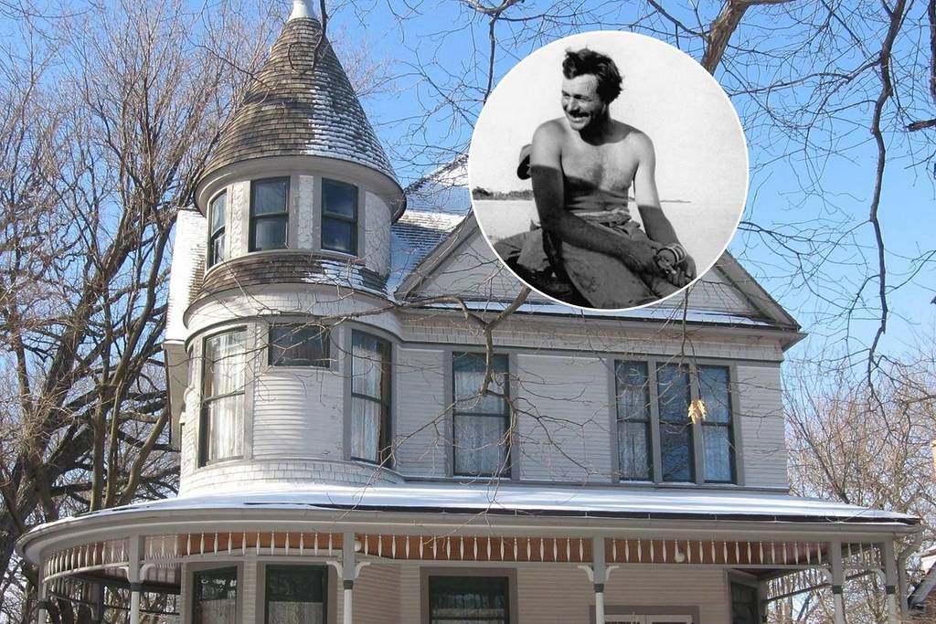 A photo of Ernest Hemingway imposed over a photo of the house he was born in.