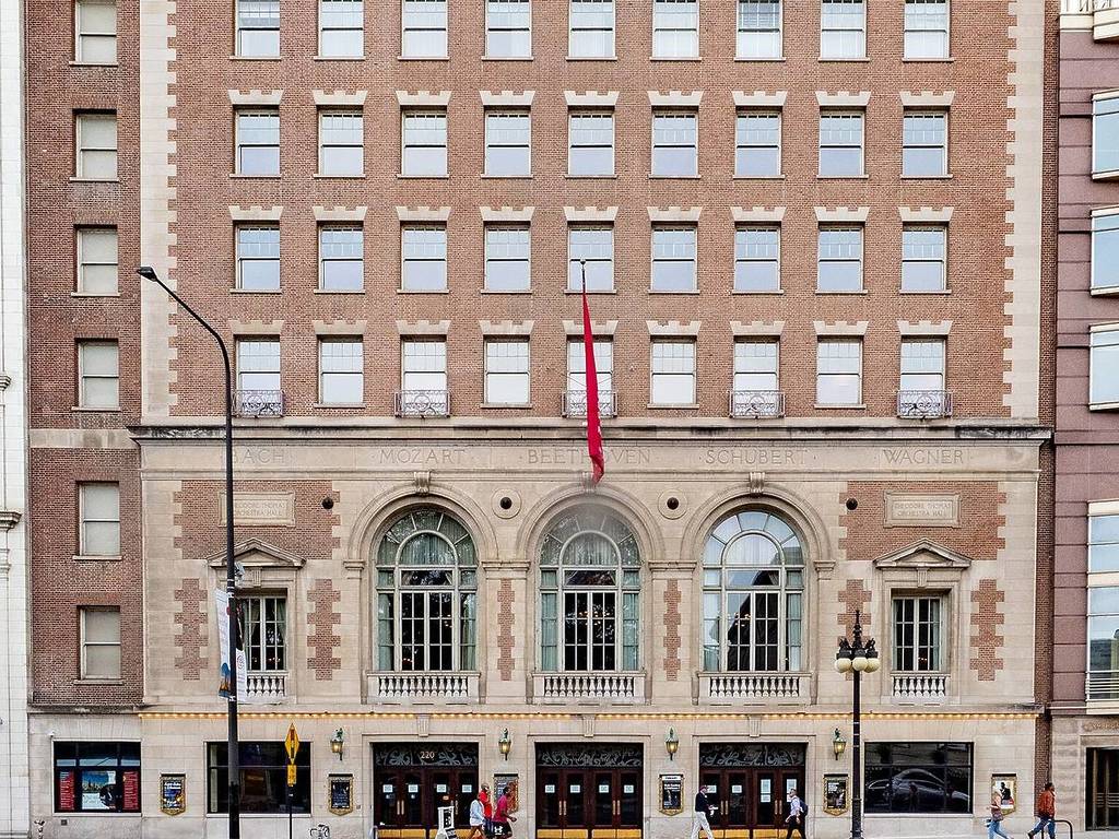 The brick facade of the Symphony Center in Chicago.