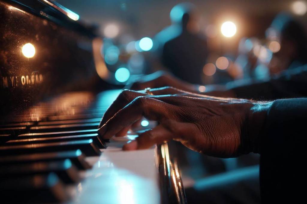 A close-up of a musician playing the piano