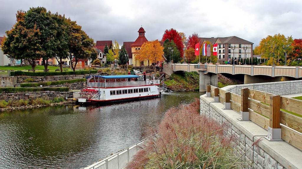 Frankenmuth Michigan in the Fall with the iconic boat in view. Near the Bavarian lodge. Beautiful fall colors are seen.