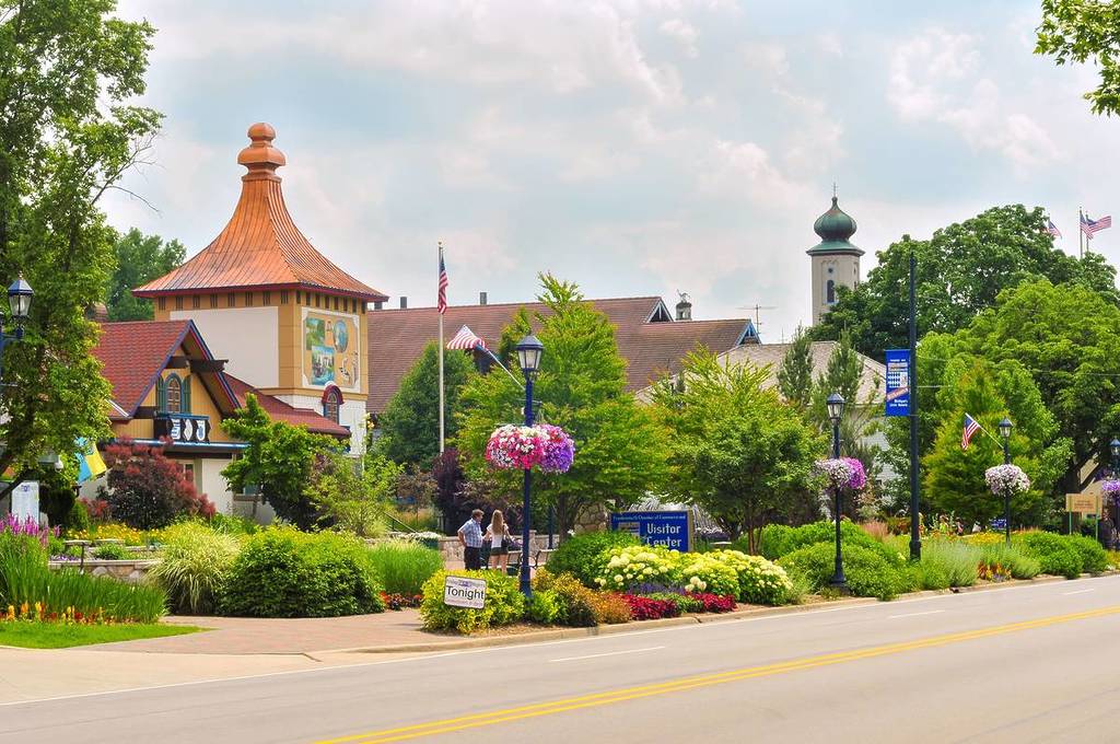 Bavarian-style architecture is one of the main attractions in this Michigan town known best for Christmas and German food. In view: the visitor center on Main Street.
